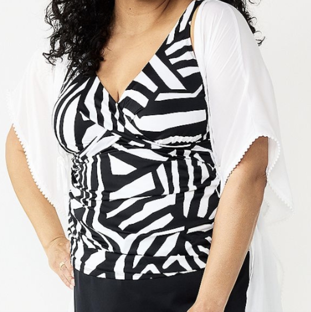 BAL HARBOUR Striped Crossover Tankini Top with Soft Cups 3x New